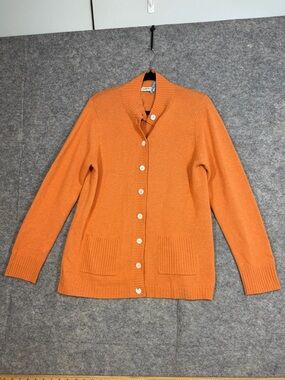 Orvis 100% Cashmere Cardigan Orange Medium Quiet Luxury Cottagecore Sweater